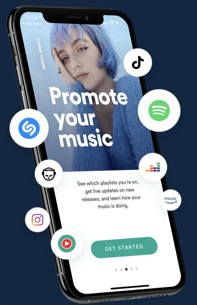 un smartphone avec des logo de plateformes de music autour sur le smartphone il est écrit promote your music